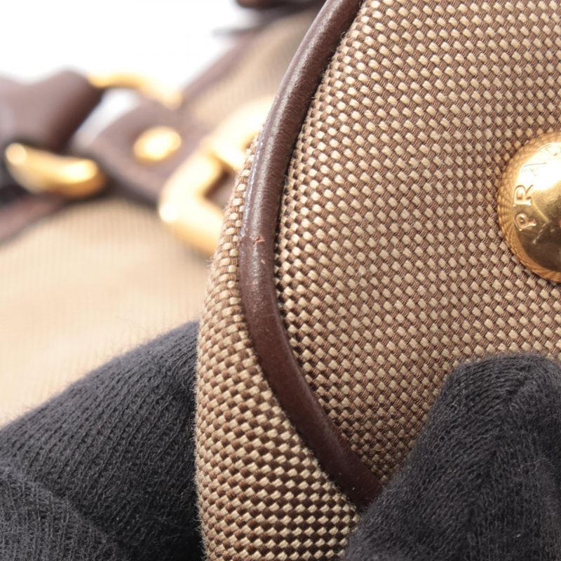 Prada Tote Logo Jacquard Beige Canvas Leather Brown