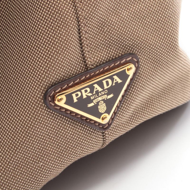 Prada Tote Logo Jacquard Beige Canvas Leather Brown