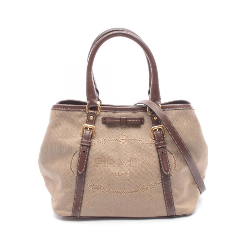 Prada Tote Logo Jacquard Beige Canvas Leather Brown