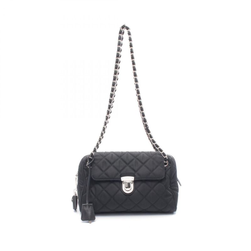 Prada Shoulder Bag Tessuto Impuntu Quilted Black Nylon Saffiano Leather