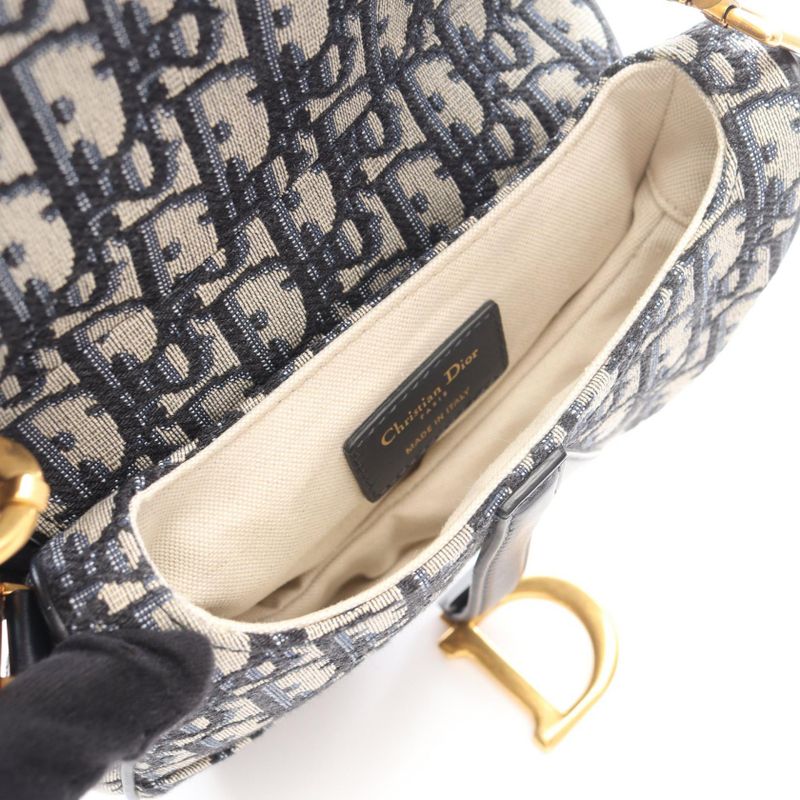 Dior Saddle Bag Mini Oblique Peacock Navy Canvas Leather Ivory. Navy. Black