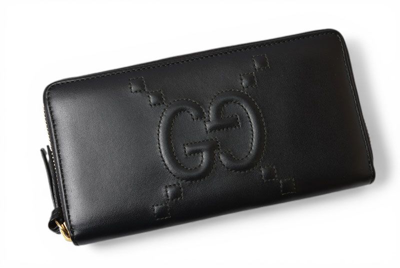 Gucci Wallet Logo Zip Around GG Stitch Black