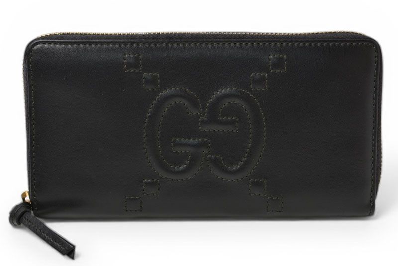 Gucci Wallet Logo Zip Around GG Stitch Black