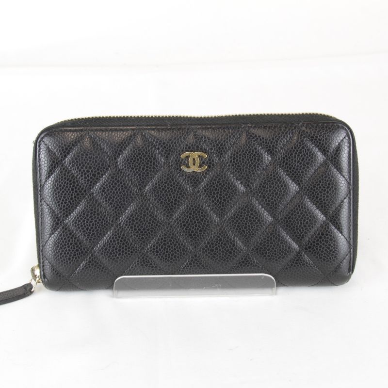 Chanel Quilted Caviar Leather Round Zip Wallet Black Grain