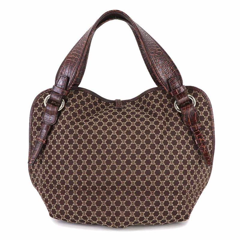 Celine Macadam Hand Bag Canvas Leather Dark Brown Gold Vintage