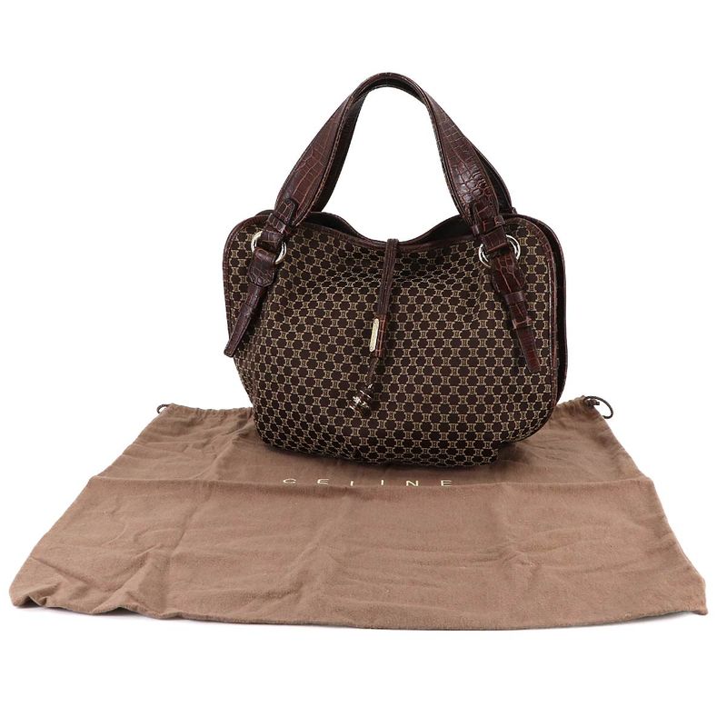 Celine Macadam Hand Bag Canvas Leather Dark Brown Gold Vintage