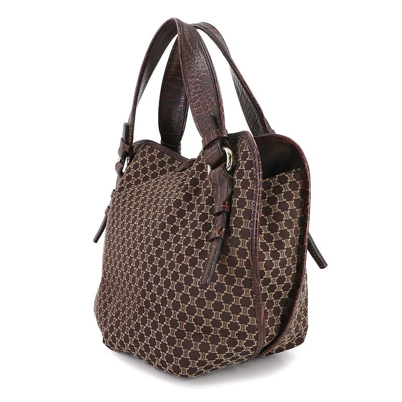 Celine Macadam Hand Bag Canvas Leather Dark Brown Gold Vintage