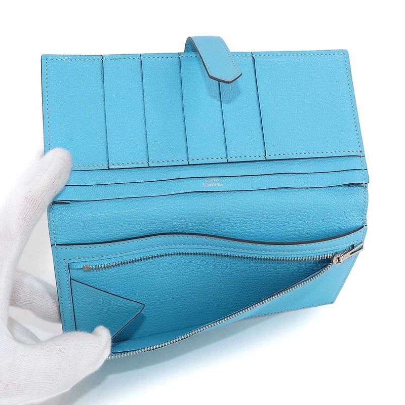 Hermes Bearn Soufflet Bifold Wallet Chevre Celeste