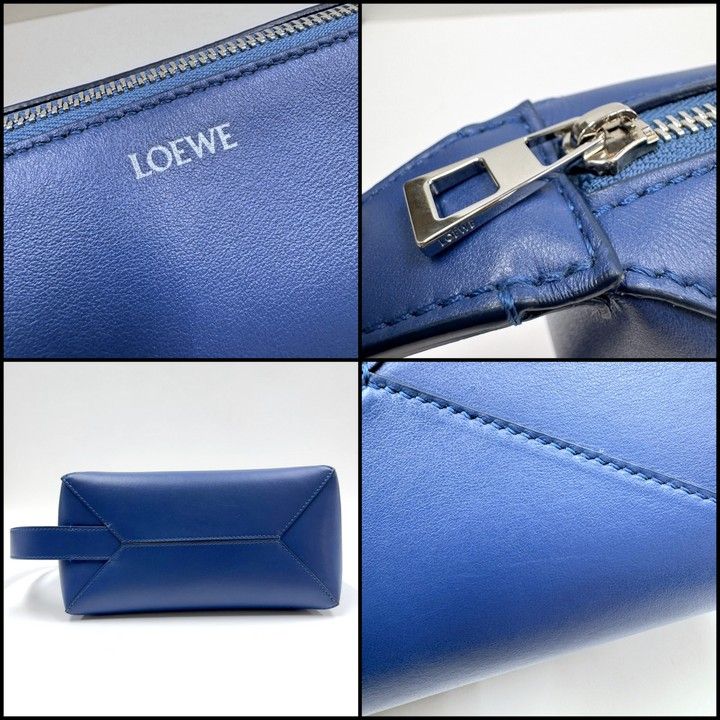 Loewe Puzzle Fold Wash Bag Second Bag Shiny Calf Leather Blue Undershi