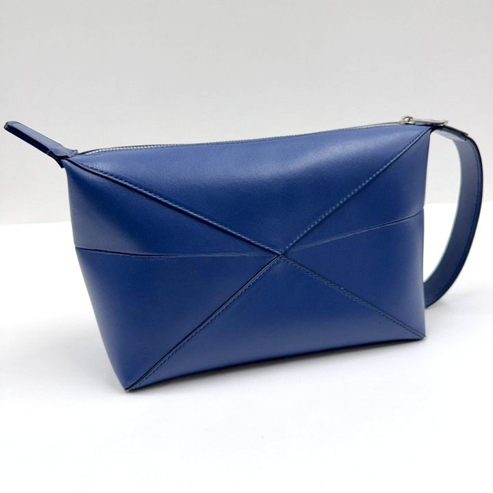 Loewe Puzzle Fold Wash Bag Second Bag Shiny Calf Leather Blue Undershi