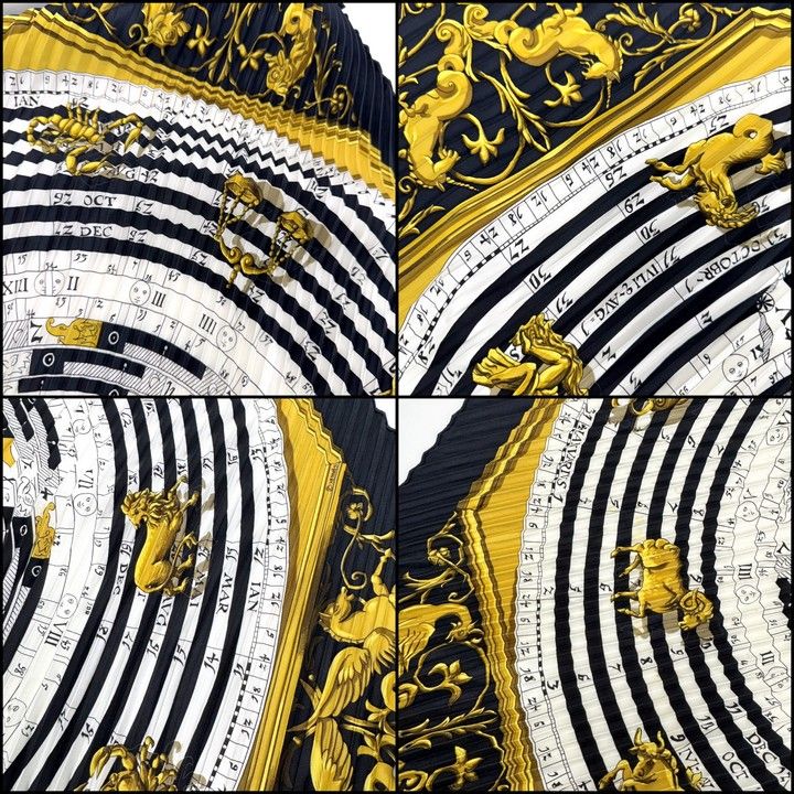 Hermes Pleats Carre 90 Astrology Dies ET Hore Silk White Navy