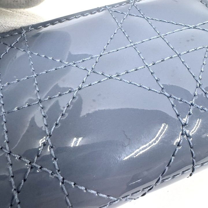 Dior Cannage Coin Case with Key Ring Patent Leather Blue Gray :blue-gray