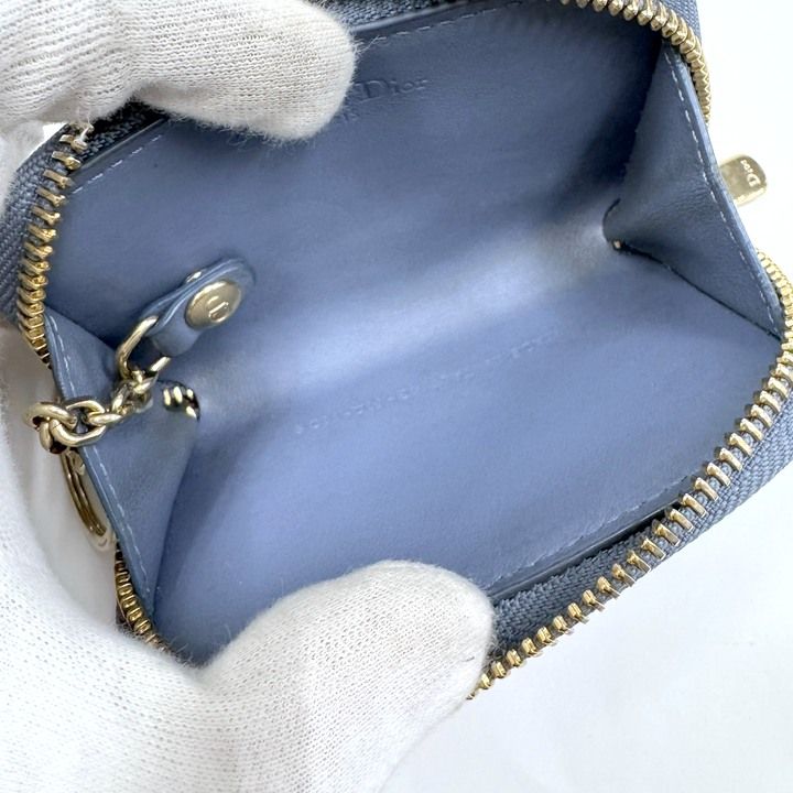 Dior Cannage Coin Case With Key Ring Patent Leather Blue Gray Holder