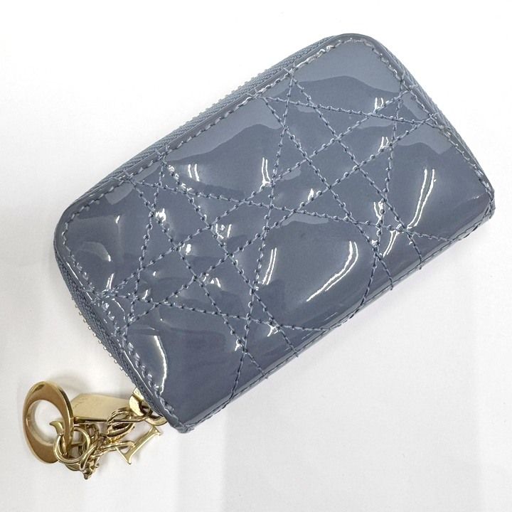 Dior Cannage Coin Case with Key Ring Patent Leather Blue Gray :blue-gray