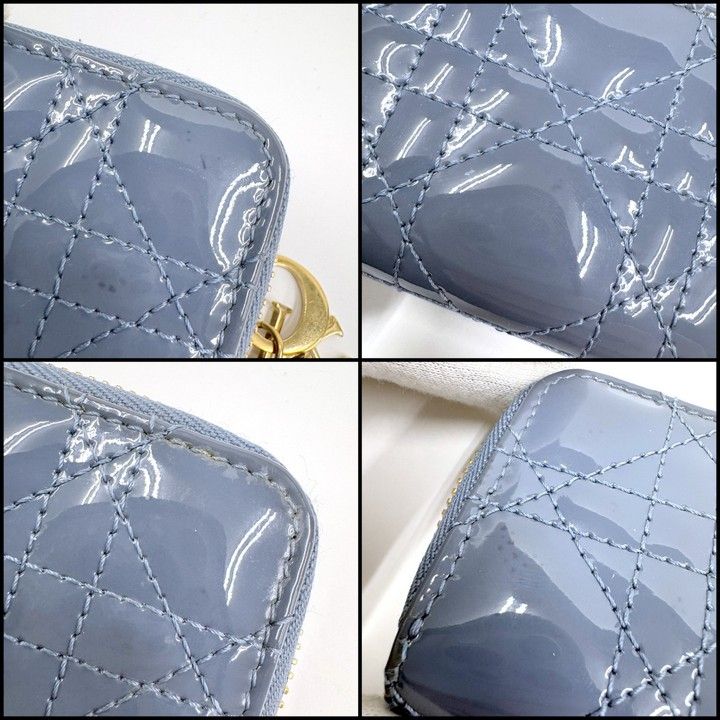 Dior Cannage Coin Case With Key Ring Patent Leather Blue Gray Holder