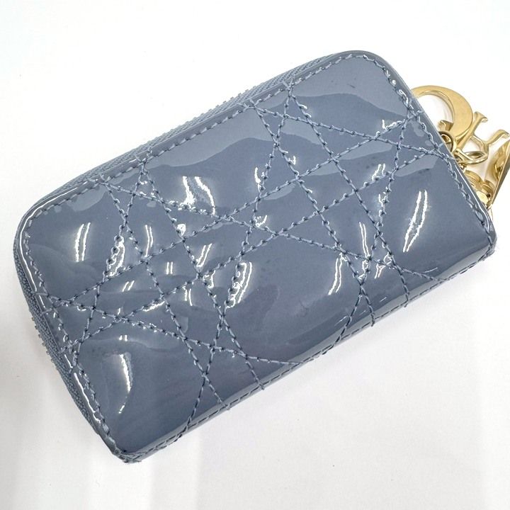 Dior Cannage Coin Case With Key Ring Patent Leather Blue Gray Holder