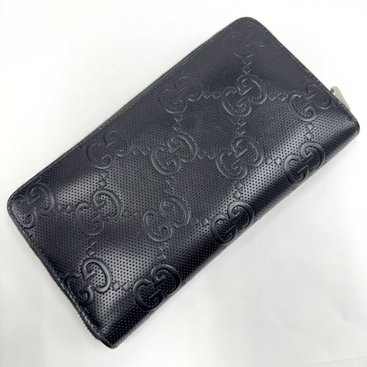 Gucci Zip Around Organizer GG Embossed Black Silver Leather Coin Purse