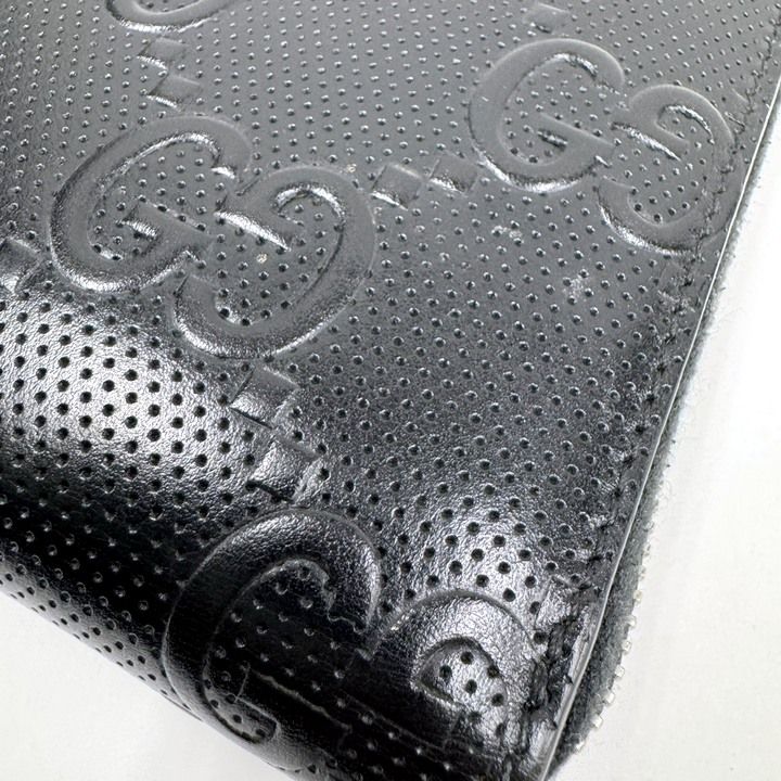 Gucci Zip Around Organizer GG Embossed Black Silver Leather Coin Purse