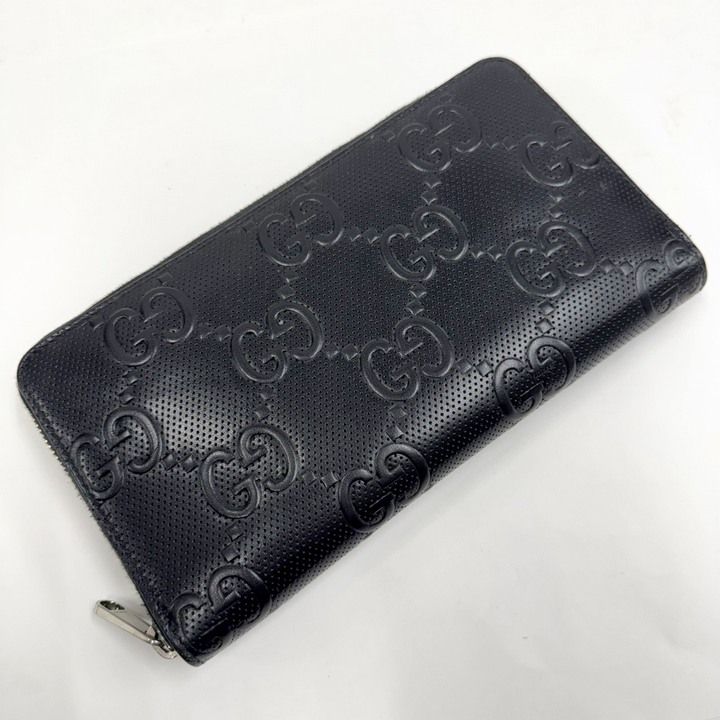 Gucci Zip Around Organizer GG Embossed Black Silver Leather Coin Purse