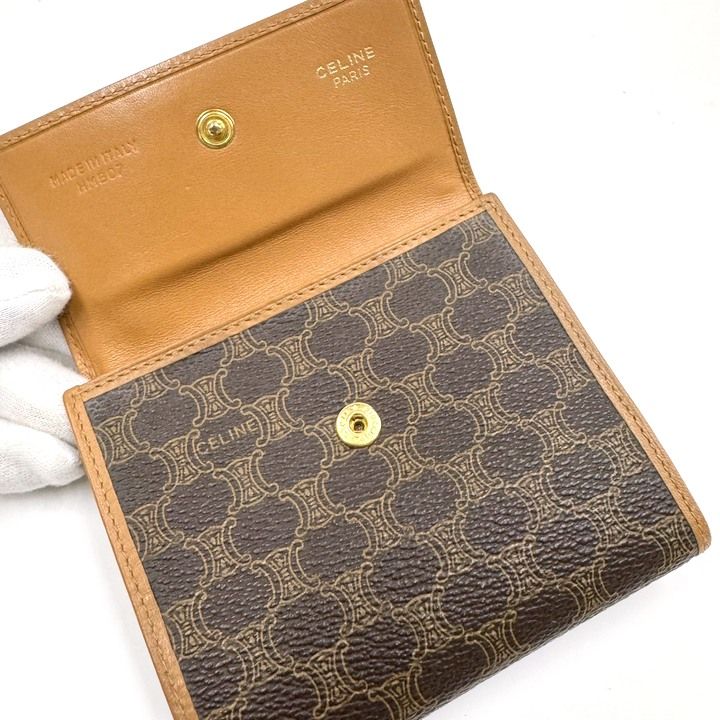 Celine Trifold Wallet Macadam Leather Dark Brown Gold Dark X