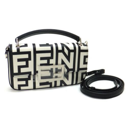 Fendi Baguette Phone Pouch Shoulder Leather Black White Silver