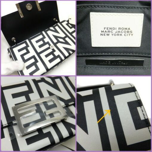 Fendi Baguette Phone Pouch Shoulder Leather Black White Silver