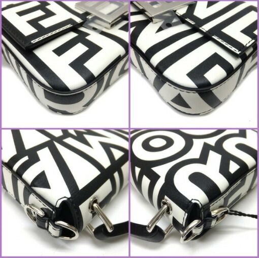 Fendi Baguette Phone Pouch Shoulder Leather Black White Silver