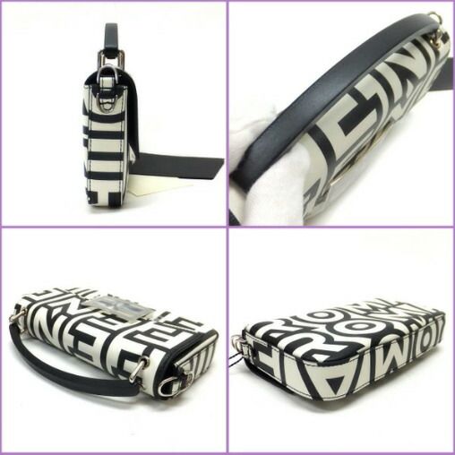 Fendi Baguette Phone Pouch Shoulder Leather Black White Silver