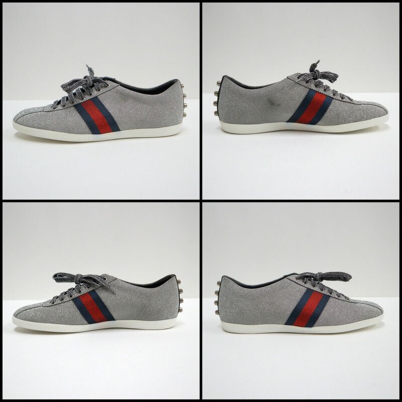 Gucci Glitter Web Stud Sneakers Silver Lame 9 :silver