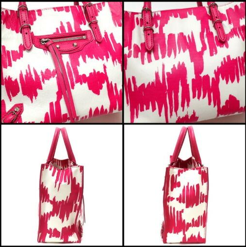 Balenciaga Paper Mini Tote Handbag Leather White Pink Silver