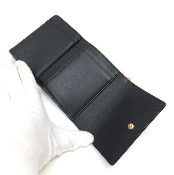 Dior Lotus Wallet Trifold Leather Black Gold Handbag X