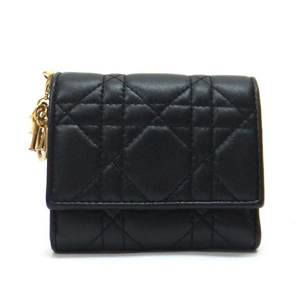 Dior Lotus Wallet Trifold Leather Black Gold Handbag X