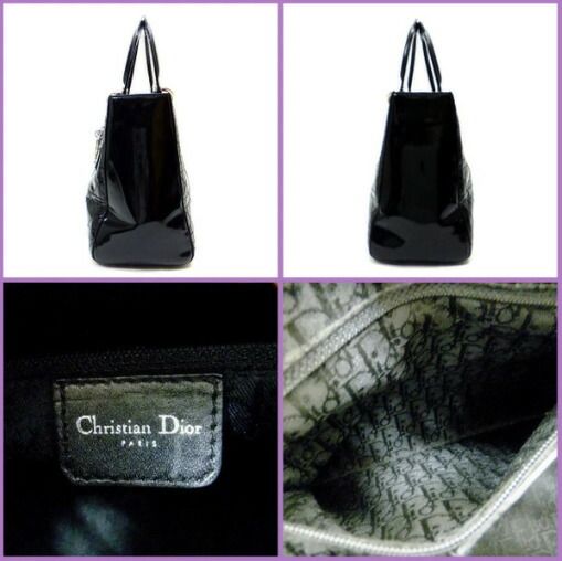 Dior Cannage Handbag Enamel Black Silver Hardware: