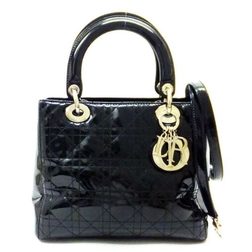 Dior Cannage Handbag Enamel Black Silver Hardware: