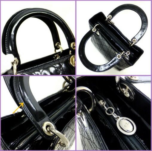 Dior Cannage Handbag Enamel Black Silver Hardware:
