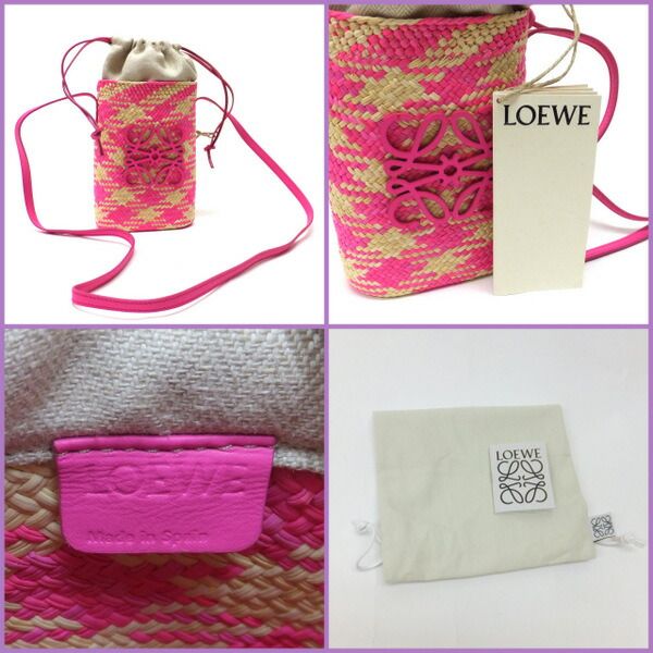 Loewe Basket Shoulder Bag Square Pocket Anagram Irakaya Palm Calf Leather Natural X Pink