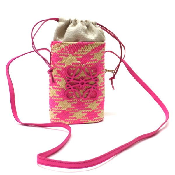 Loewe Basket Shoulder Bag Square Pocket Anagram Irakaya Palm Calf Leather Natural X Pink