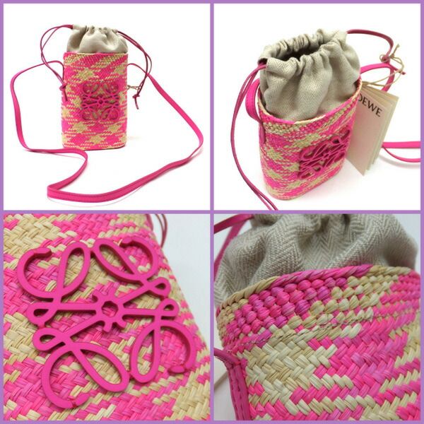 Loewe Basket Shoulder Bag Square Pocket Anagram Irakaya Palm Calf Leather Natural X Pink