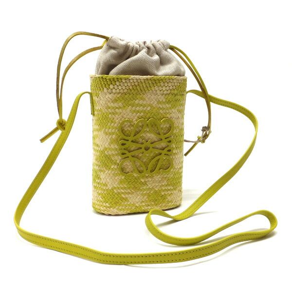 Loewe Basket Shoulder Bag Square Pocket Anagram Irakaya Palm Calf Leather Natural X Lime Green