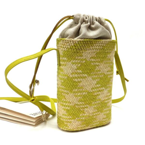 Loewe Basket Shoulder Bag Square Pocket Anagram Irakaya Palm Calf Leather Natural X Lime Green