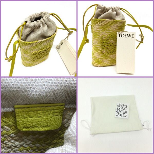 Loewe Basket Shoulder Bag Square Pocket Anagram Irakaya Palm Calf Leather Natural X Lime Green