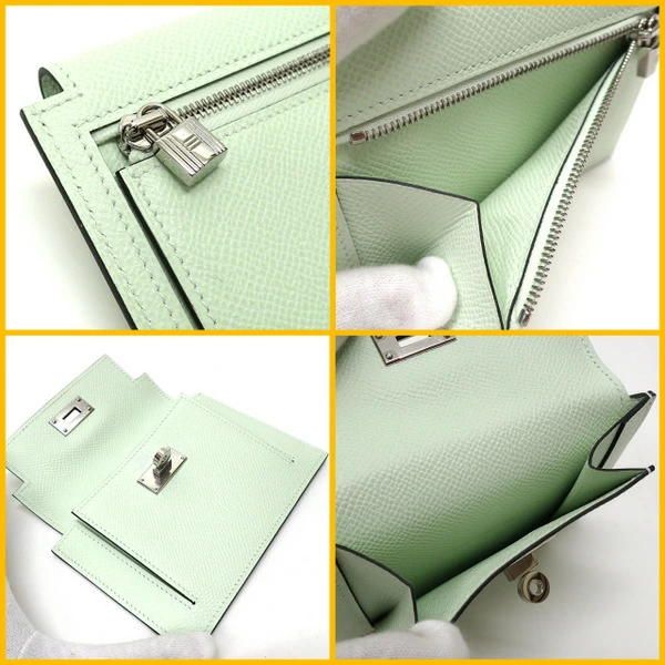 Hermes Kelly Pocket Compact Wallet Epsom Valfiz Silver :vert Fizz