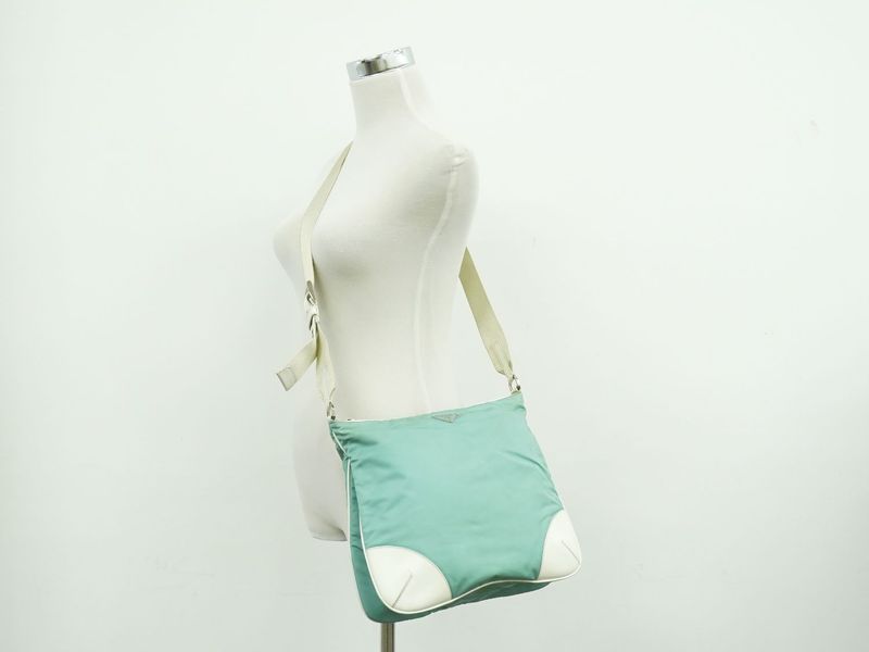 Prada Tessuto Shoulder Bag Pochette Nylon Mint Green White