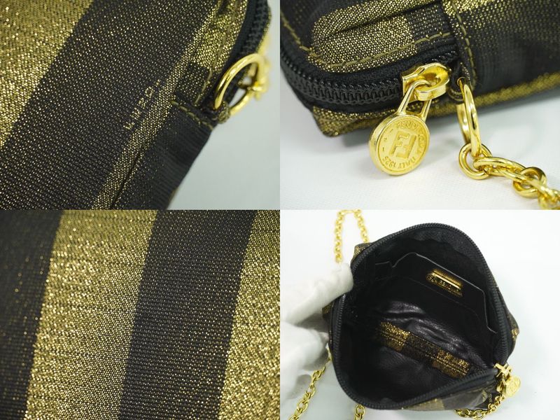 Fendi Pecan Chain Shoulder Bag Pochette Canvas Gold Black Pequin Outside]