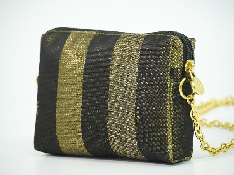 Fendi Pecan Chain Shoulder Bag Pochette Canvas Gold Black Pequin Outside]