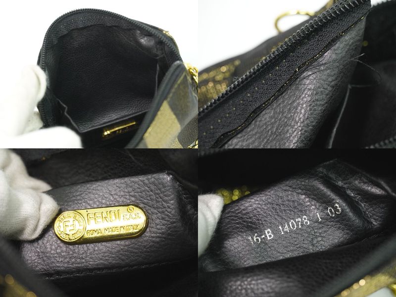 Fendi Pecan Chain Shoulder Bag Pochette Canvas Gold Black Pequin Outside]