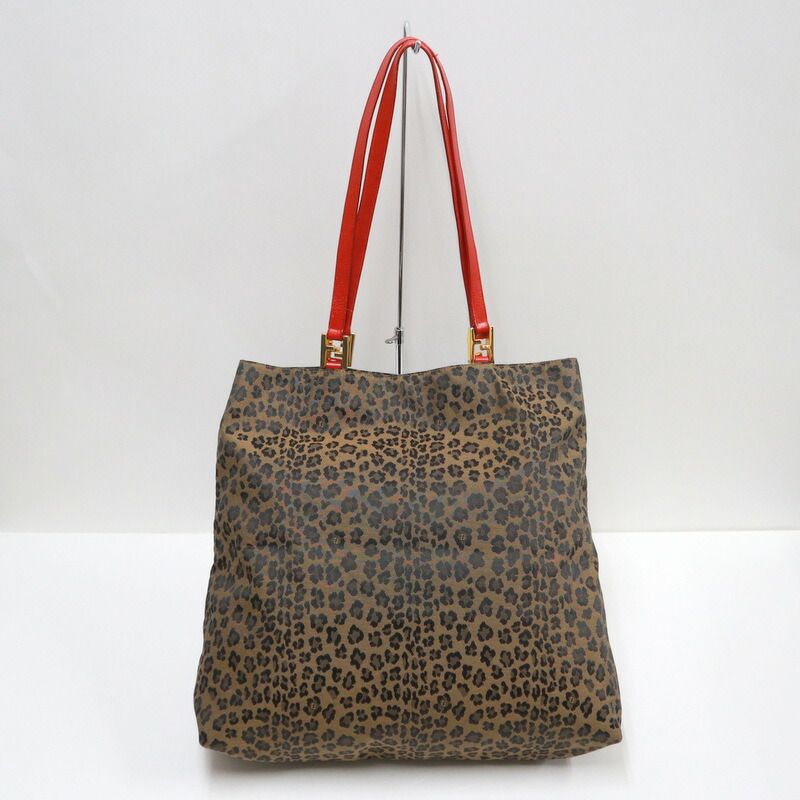 Fendi Tote Leopard Brown Red Canvas Leather X