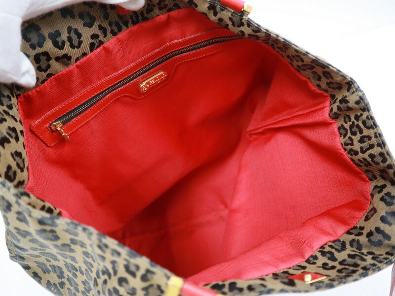 Fendi Tote Leopard Brown Red Canvas Leather X