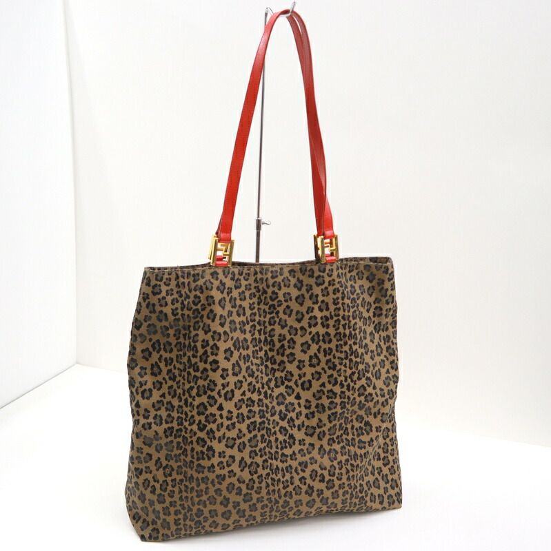Fendi Tote Leopard Brown Red Canvas Leather X