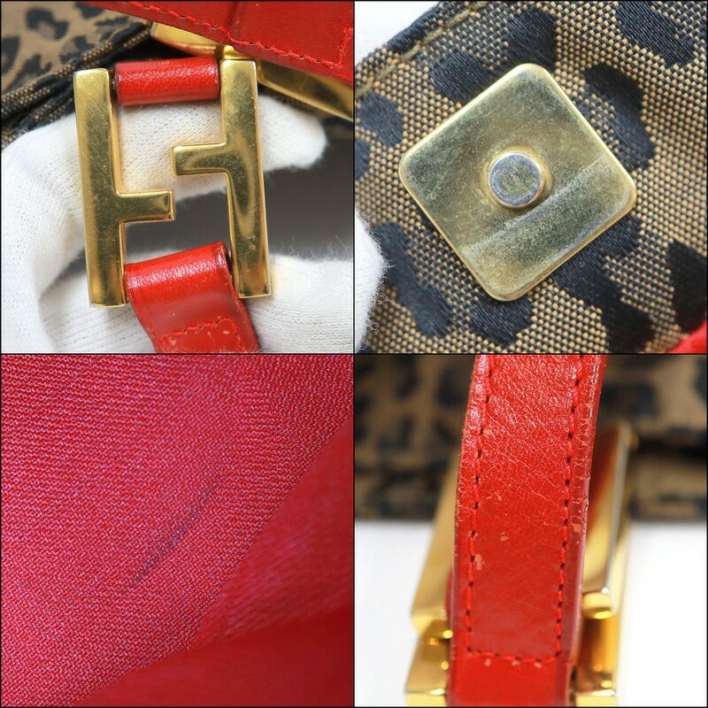 Fendi Tote Leopard Brown Red Canvas Leather X